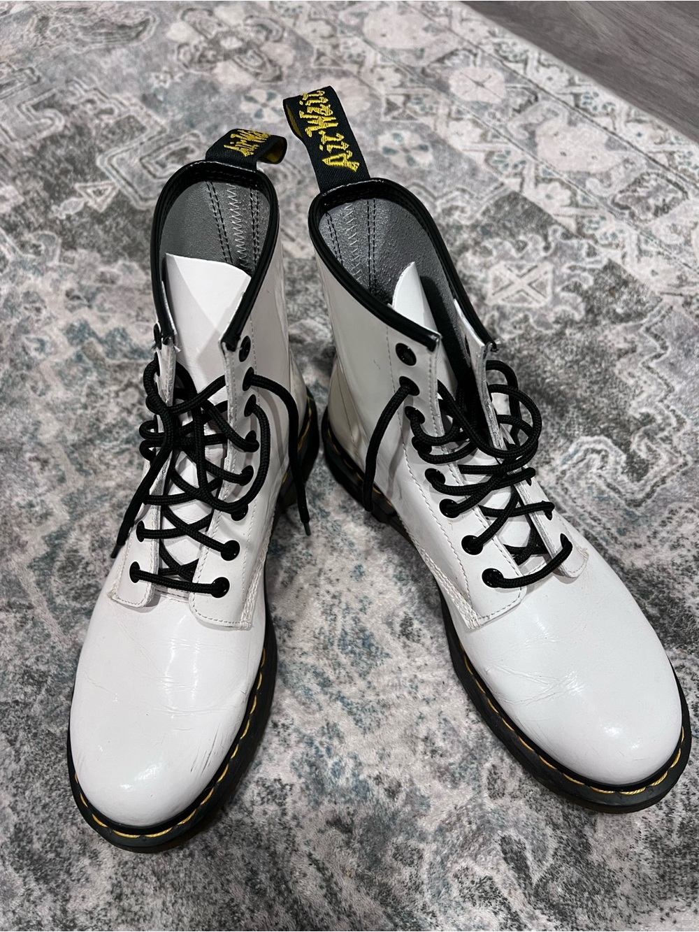 Dr. Martens White Patent 8-Eye Combat Boots with Black Laces
